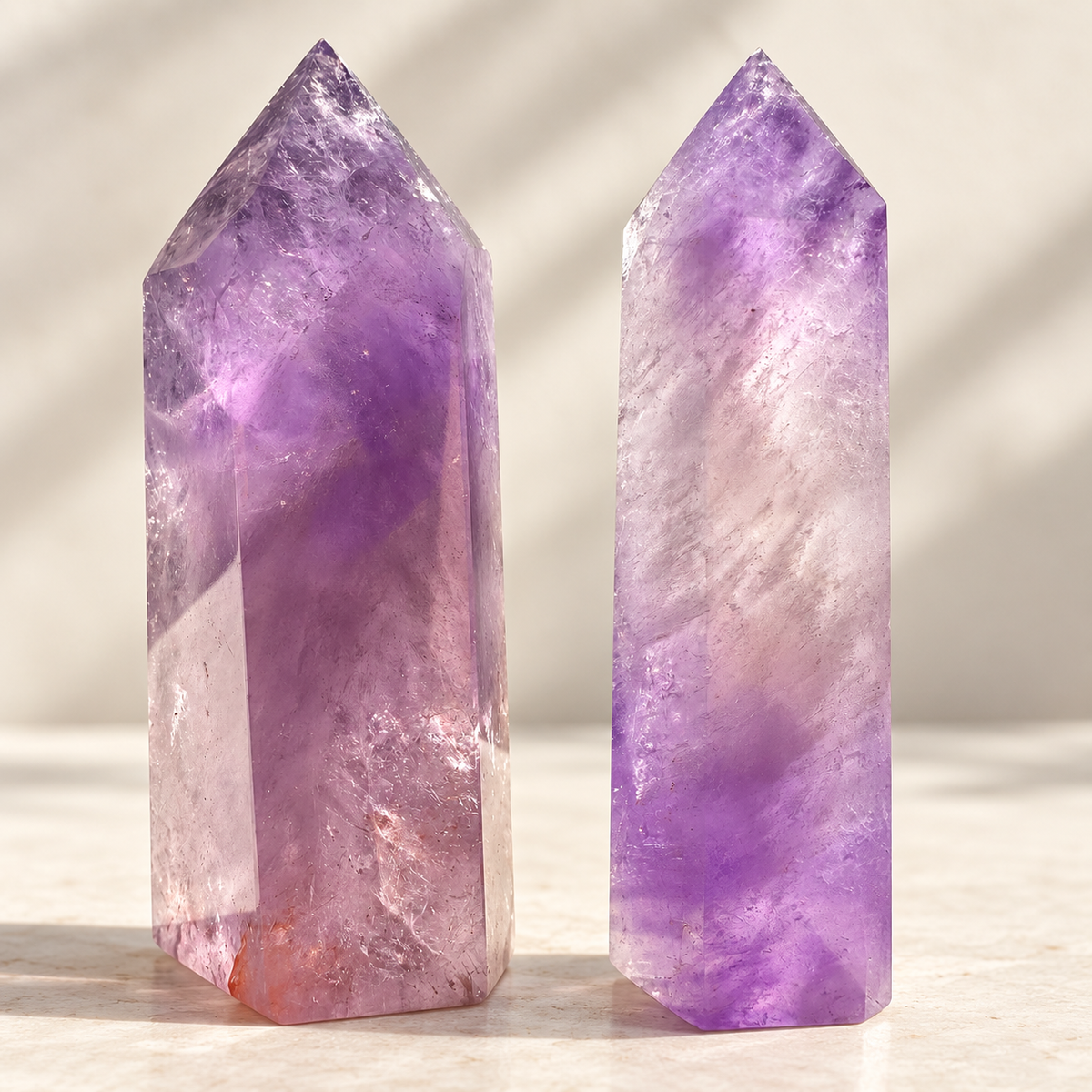 Brazilian Amethyst tower pair showing pale lavender, purple zoning and polished crystal facets