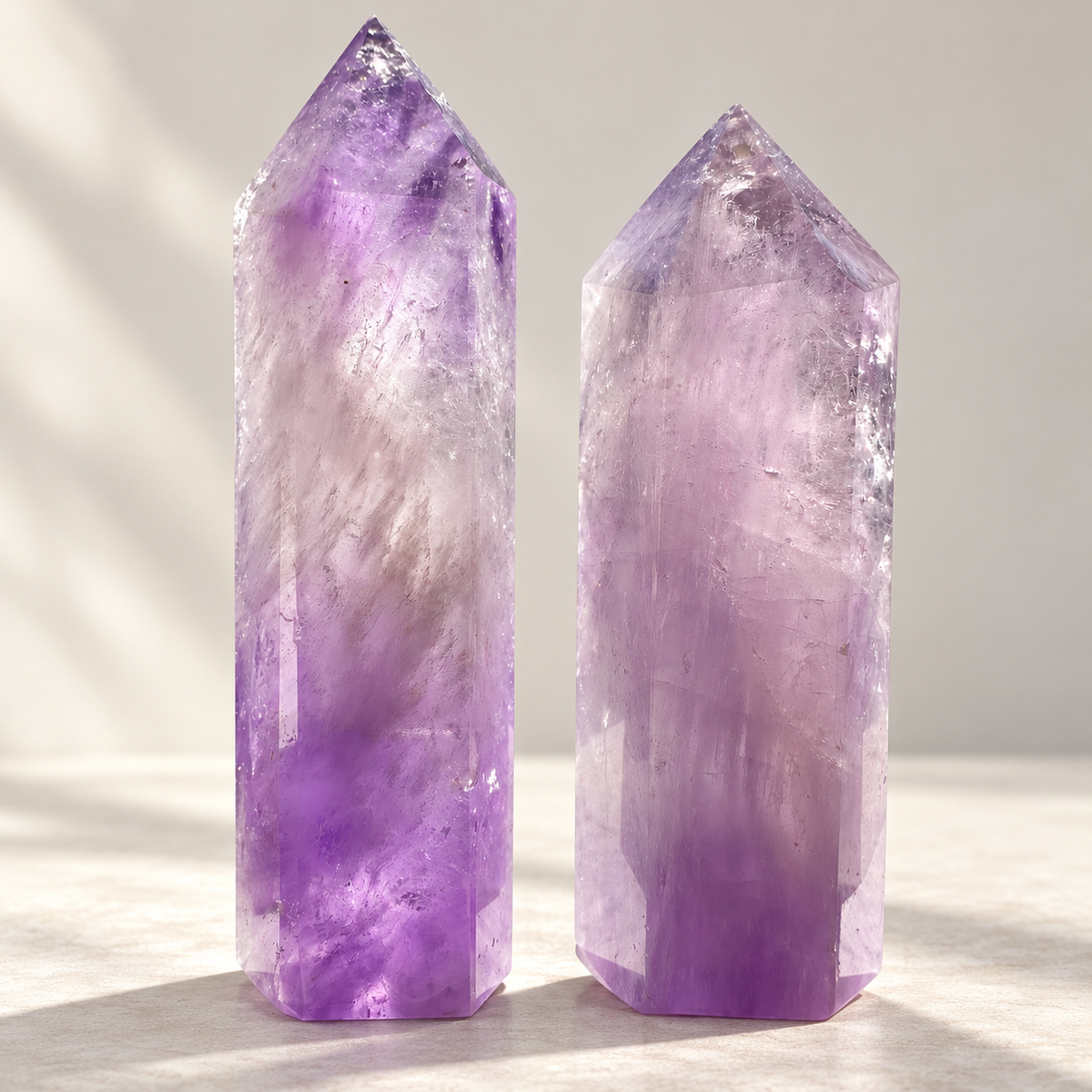 Natural Brazilian Amethyst points with lighter upper sections and deeper purple bases