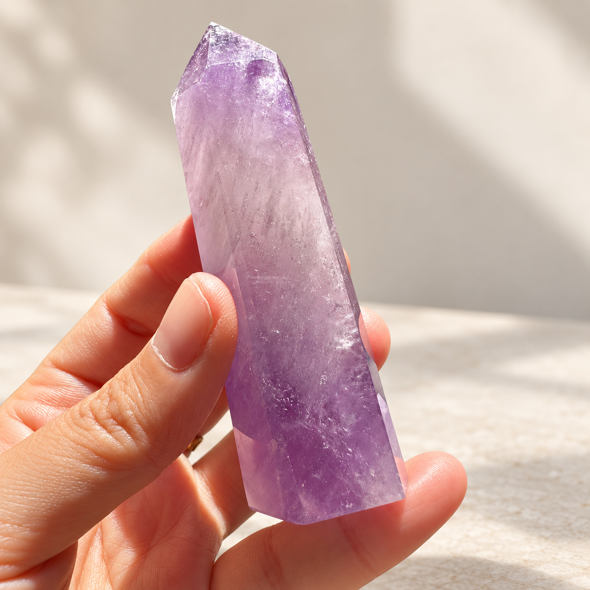 Hand-held Brazilian Amethyst point showing pale lavender colour zoning above a deeper violet base