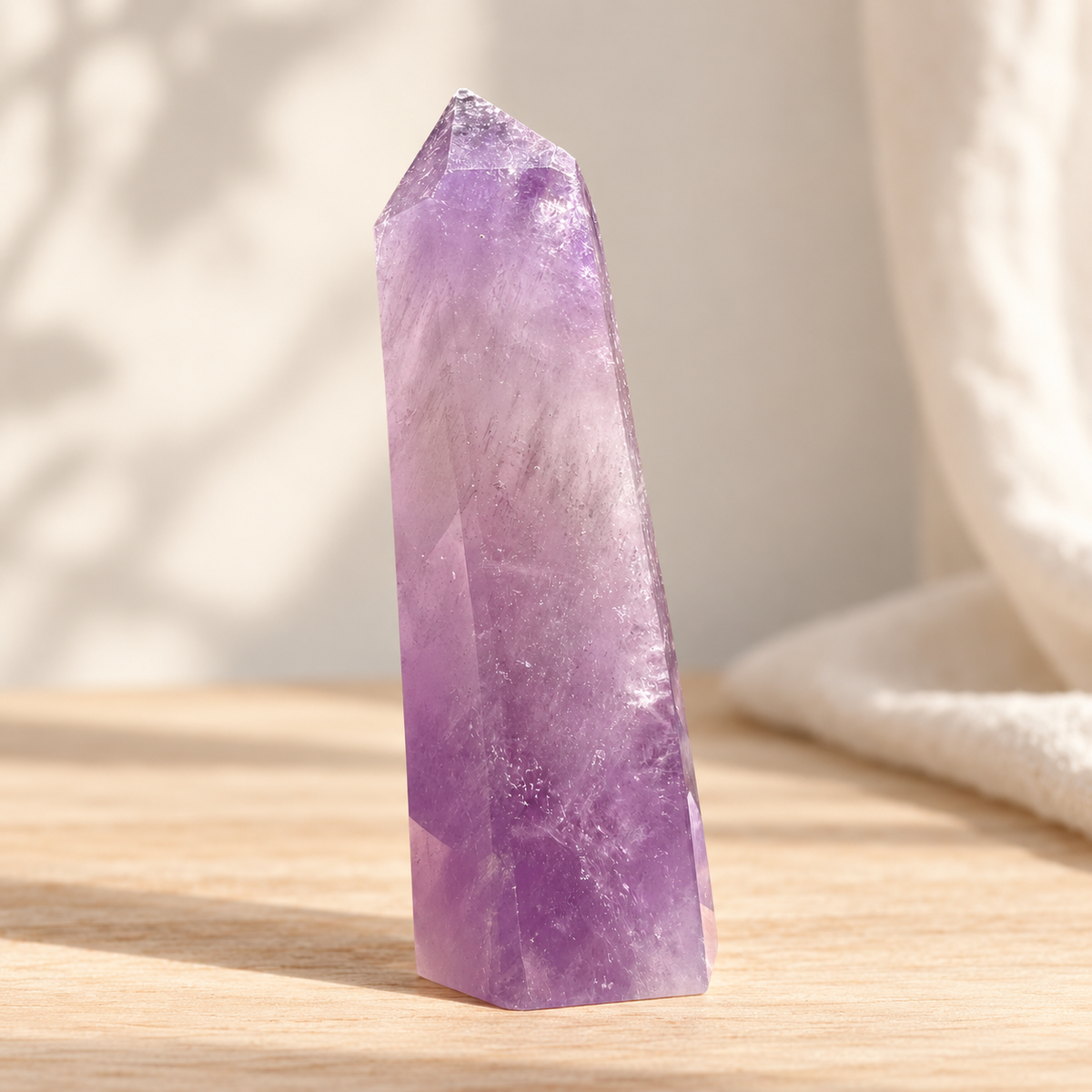 Single natural Brazilian Amethyst crystal point displayed on a pale wooden shelf in soft daylight