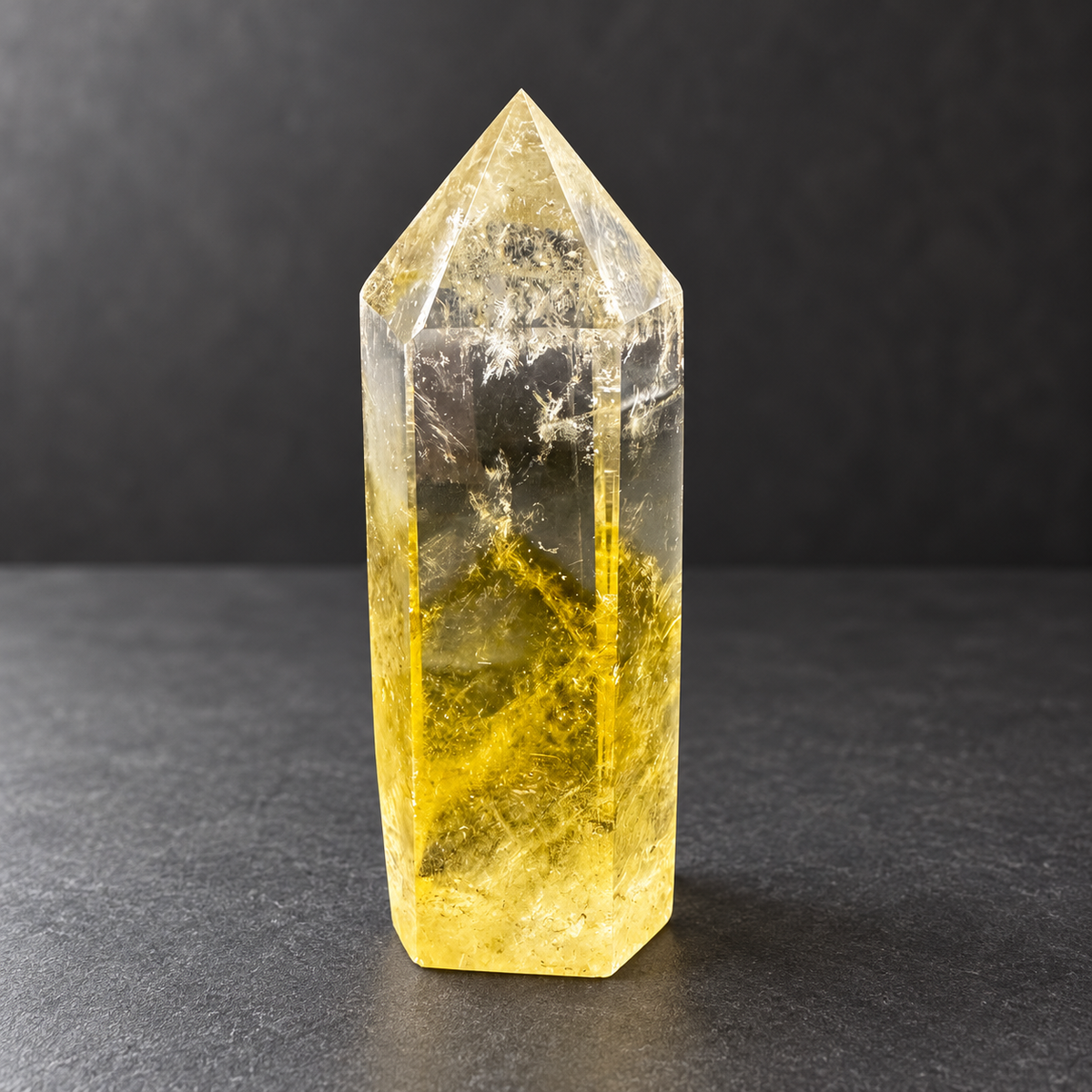 Brazilian citrine tower, 229g, with clear upper facets and a golden yellow base
