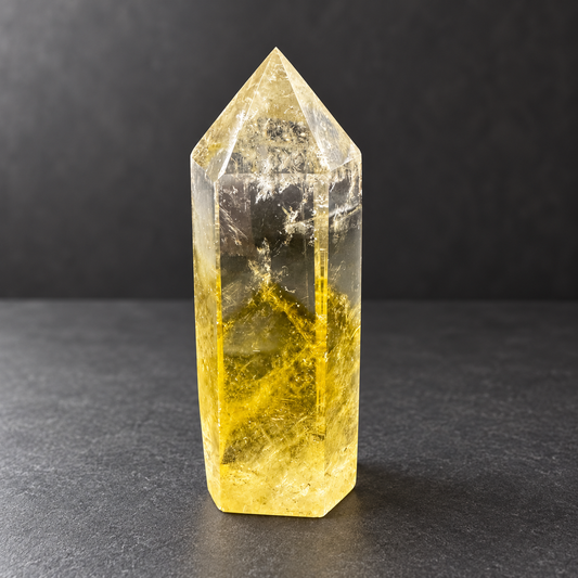 Brazilian citrine tower, 229g, with clear upper facets and a golden yellow base