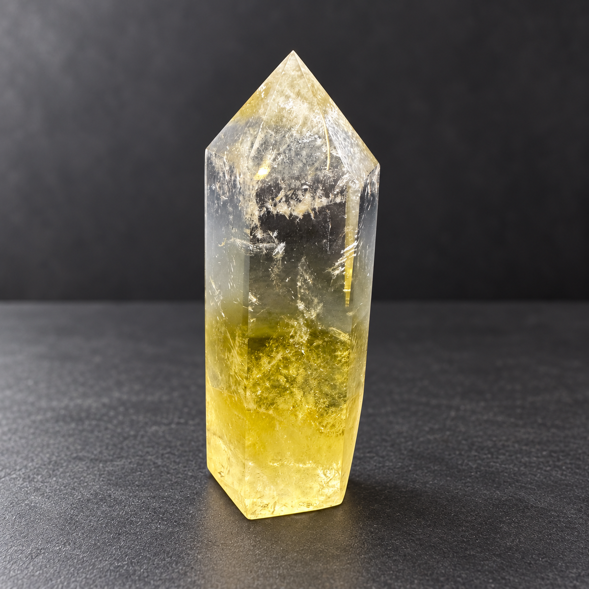 Rear view showing internal cloudy textures in the citrine tower