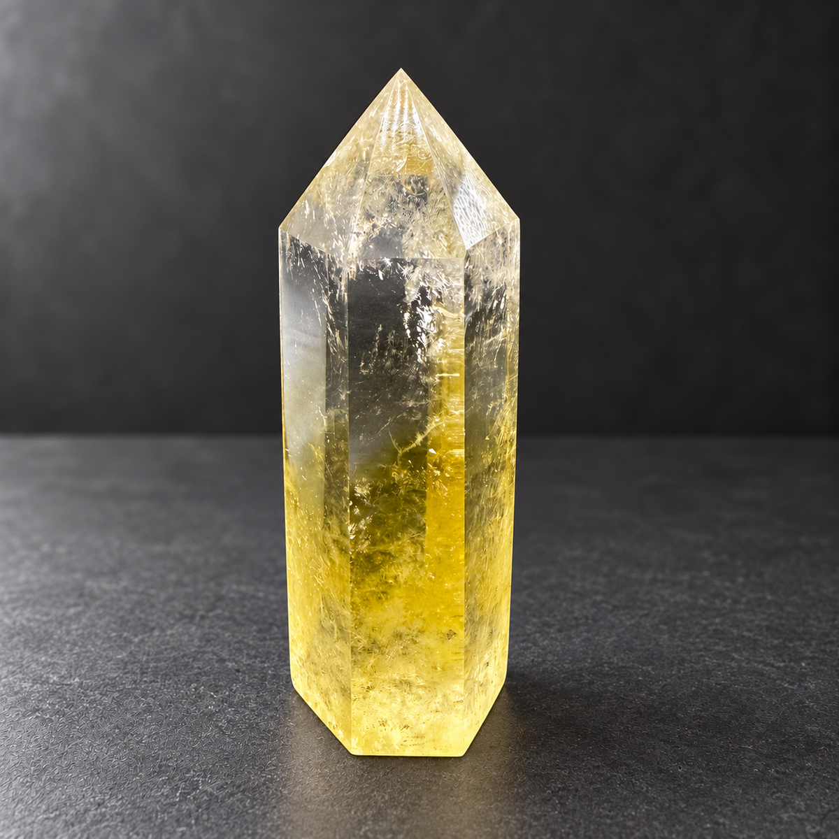 Left side of the polished citrine tower in soft natural light