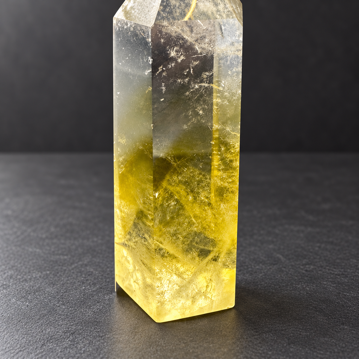 Close-up of the golden yellow base and internal inclusions
