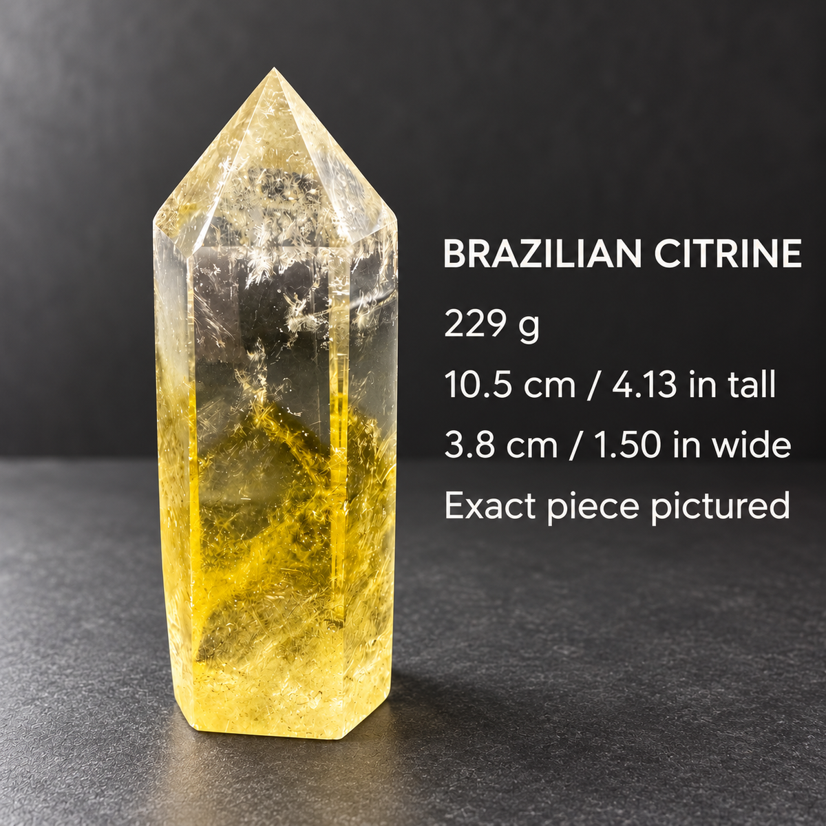 Citrine tower dimensions: 229g, 10.5cm tall and 3.8cm wide
