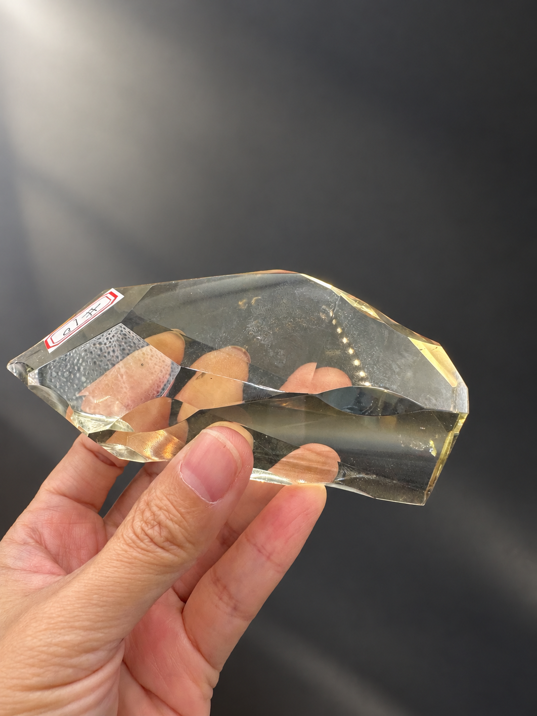 Back face of 257g Brazilian citrine freeform No.10 with real reflections