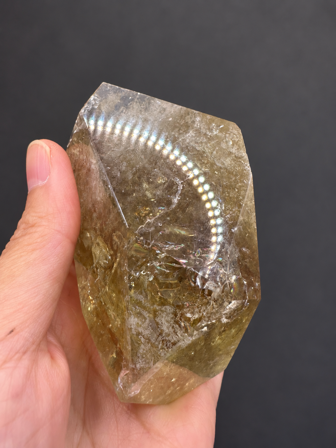 Brazilian citrine freeform No.13, 242g, held in hand — view 3