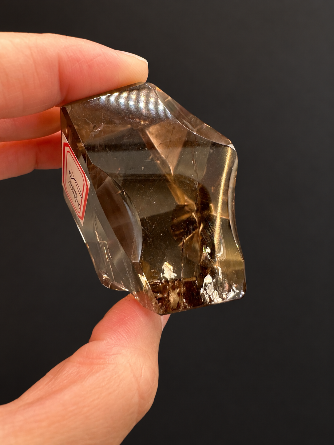 Brazilian citrine freeform No.8, 134g, approx. 5 × 5cm; side profile showing sculpted curved facets and natural internal details, held in the original hand against a charcoal background.
