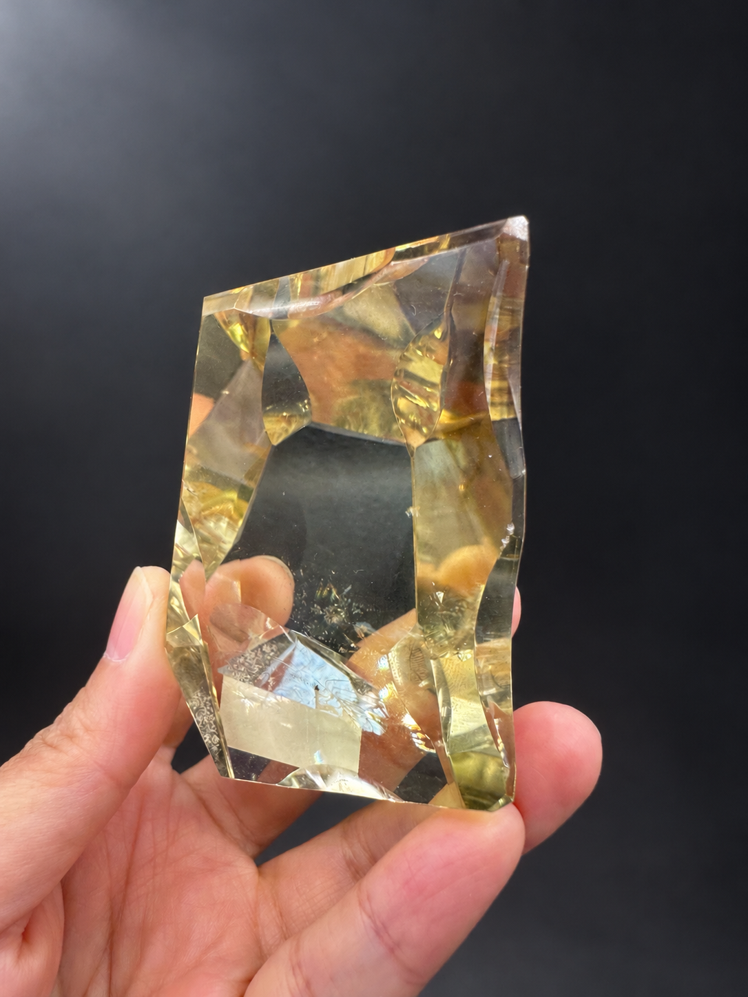 Front view of Brazilian citrine freeform No.9 showing clear windows and shadow contrast