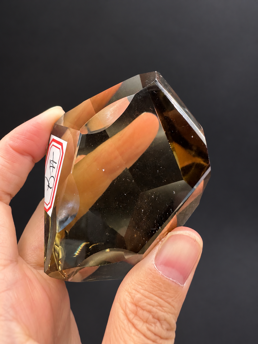 Brazilian citrine freeform No.4, 116g, approximately 8 × 5cm; tilted broad face showing dark-light contrast and label along left edge, held in the original hand against a charcoal background.