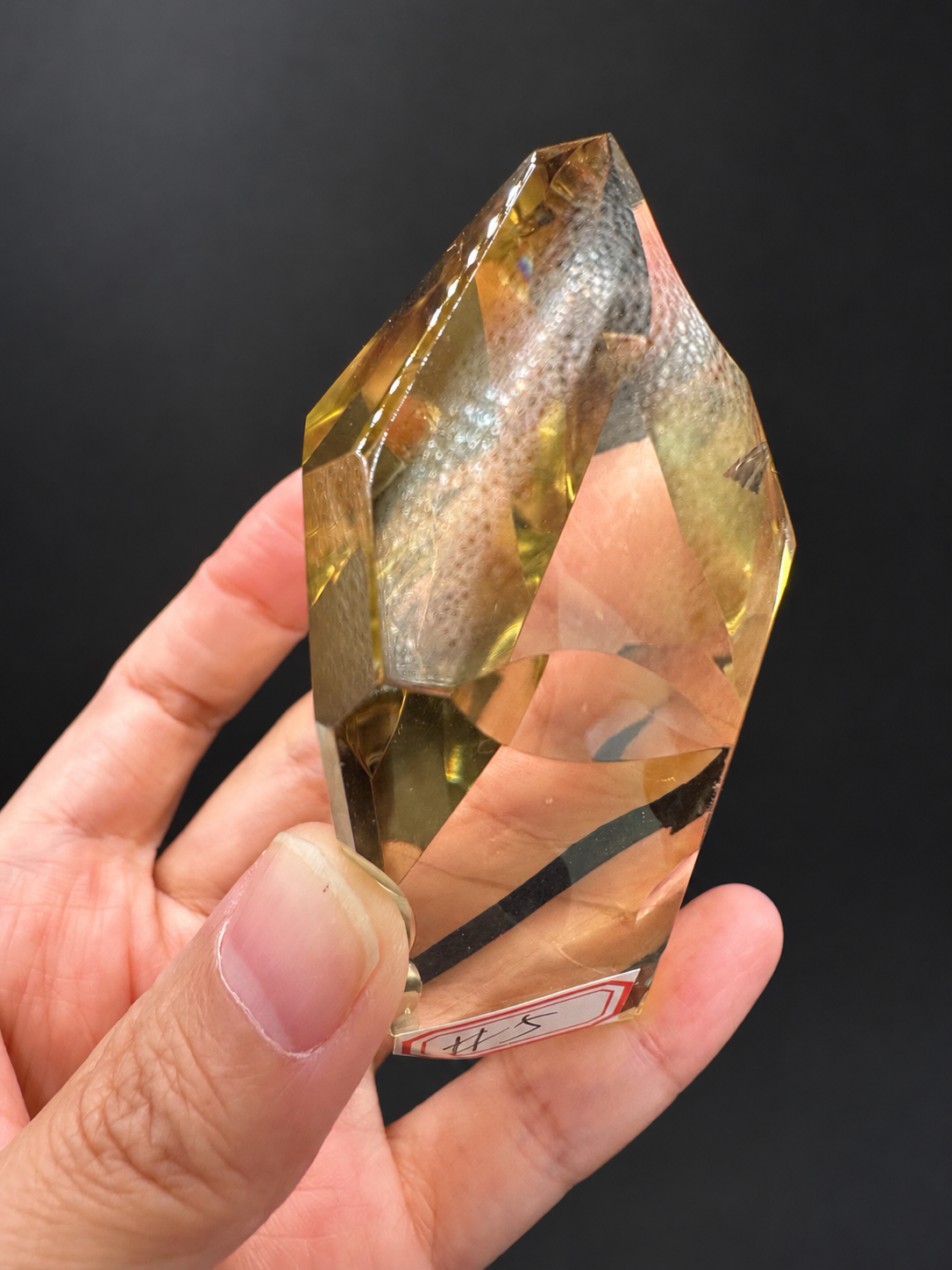 Brazilian citrine freeform No.5, 111g, approximately 9 × 4.2cm; narrow angled side showing the slender profile, curved edge and original label at base, held in the original hand against a charcoal background.