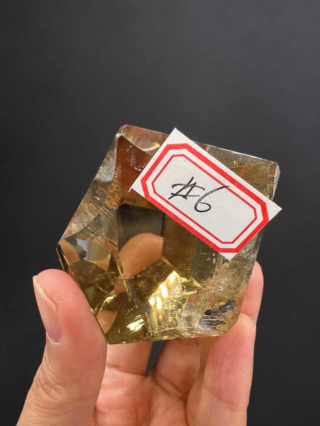 Brazilian citrine freeform No.6, 203g, approximately 6.3 × 5.8cm; front identification view with original No.6 label and golden lower body, held in the original hand against a charcoal background.