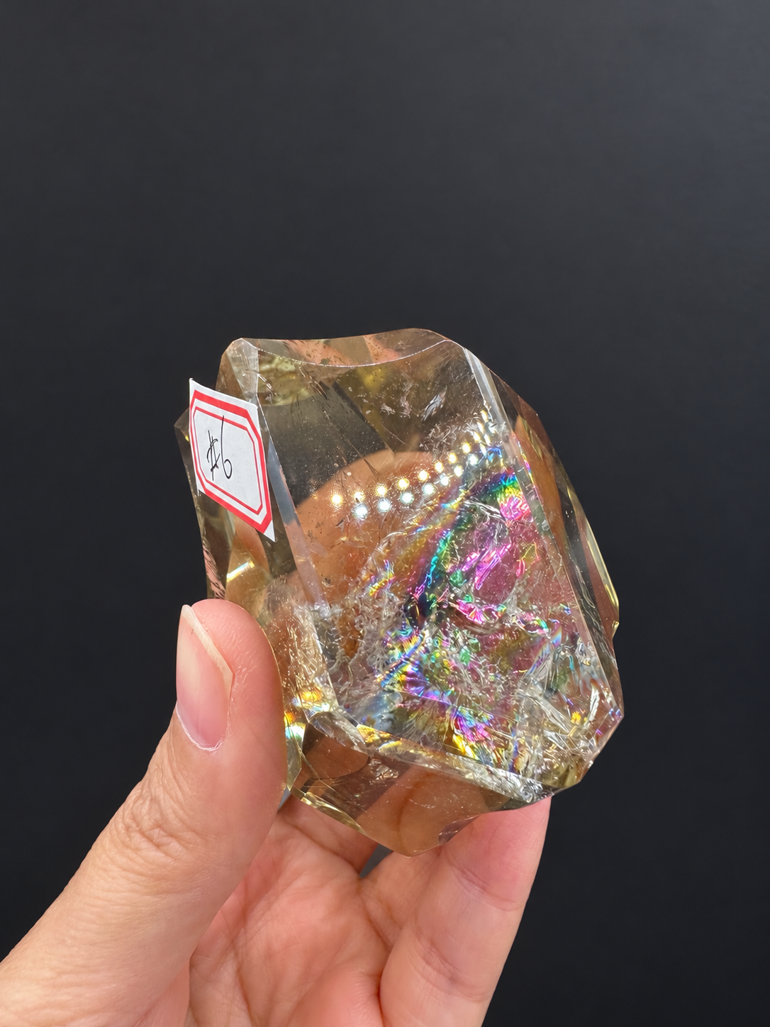 Brazilian citrine freeform No.6, 203g, approximately 6.3 × 5.8cm; upright rainbow view with the original No.6 label and visible fracture planes, held in the original hand against a charcoal background.