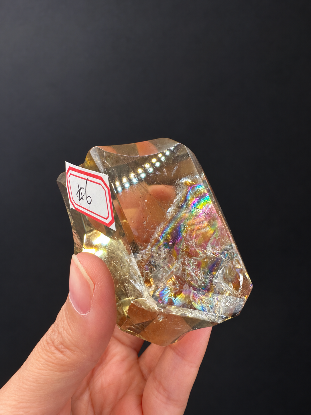 Brazilian citrine freeform No.6, 203g, approximately 6.3 × 5.8cm; rotated upright view showing the rainbow fracture plane and original No.6 label, held in the original hand against a charcoal background.