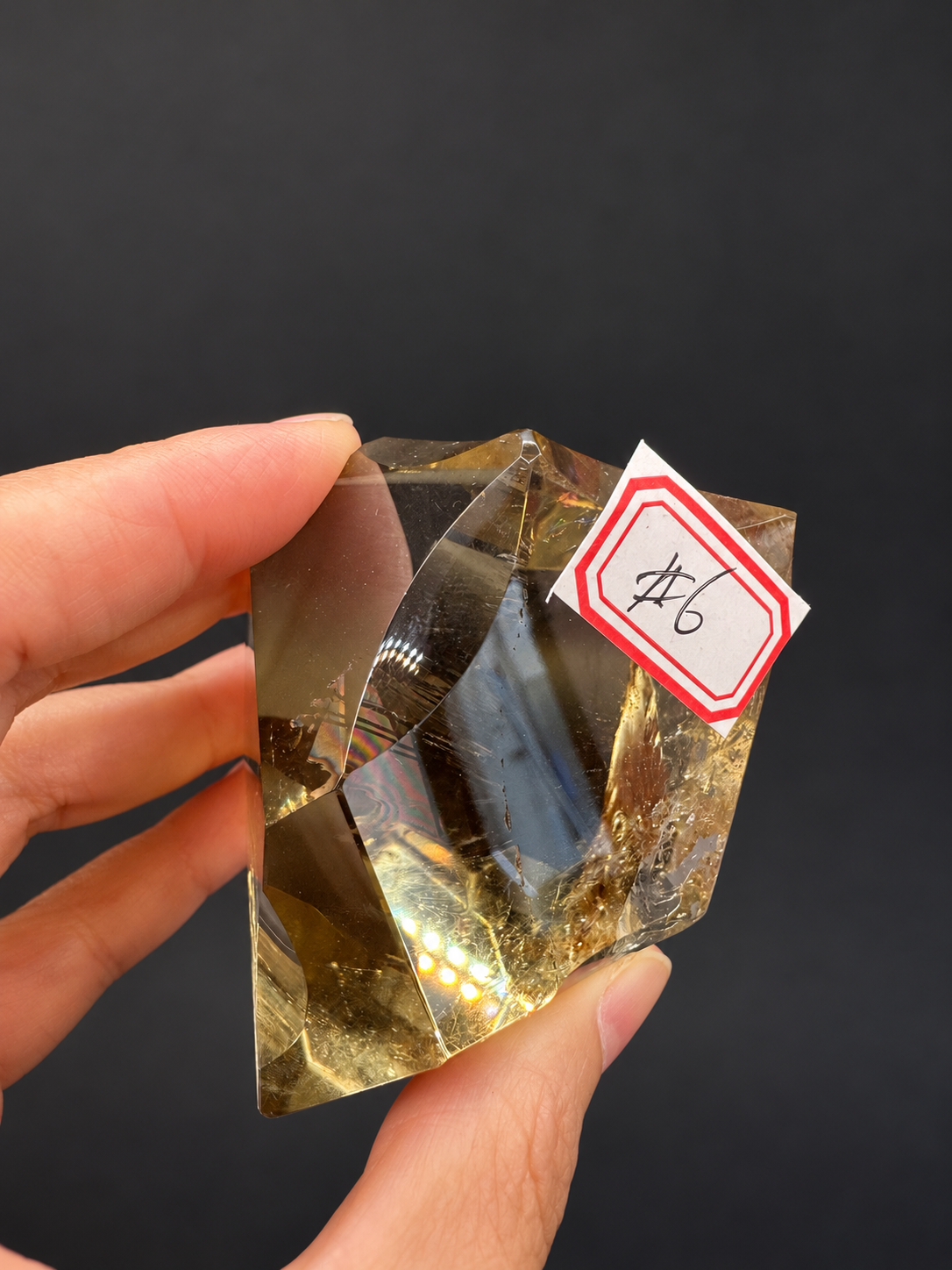 Brazilian citrine freeform No.6, 203g, approximately 6.3 × 5.8cm; labelled side view with intersecting curved facets and golden edges, held in the original hand against a charcoal background.