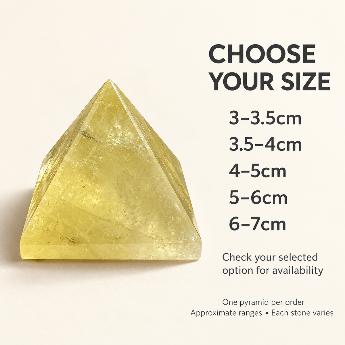 Citrine pyramid size options: 3–3.5cm, 3.5–4cm, 4–5cm, 5–6cm and 6–7cm; check option availability; one pyramid per order