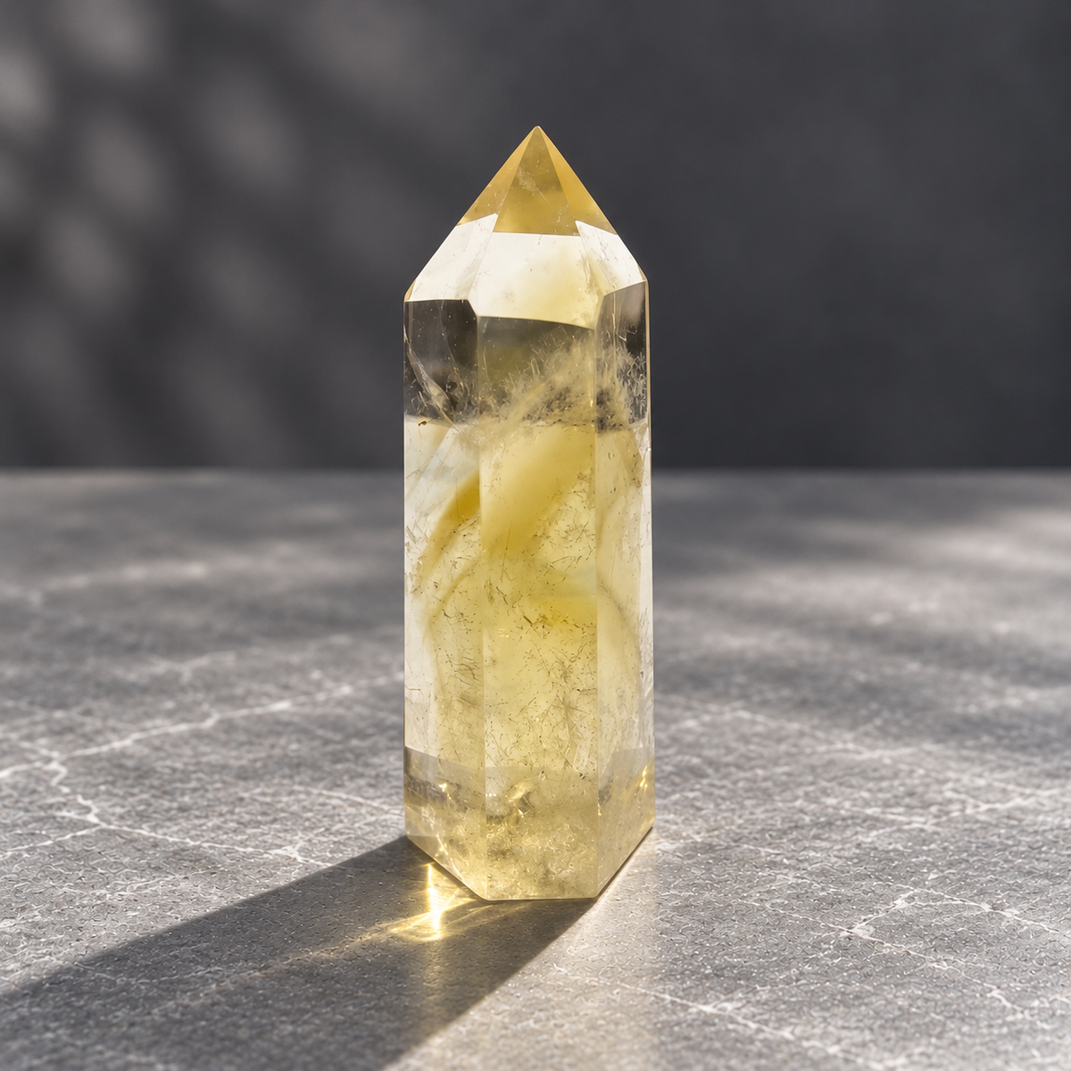 Brazilian citrine tower #3, main view with a clear upper window and diagonal golden internal veil