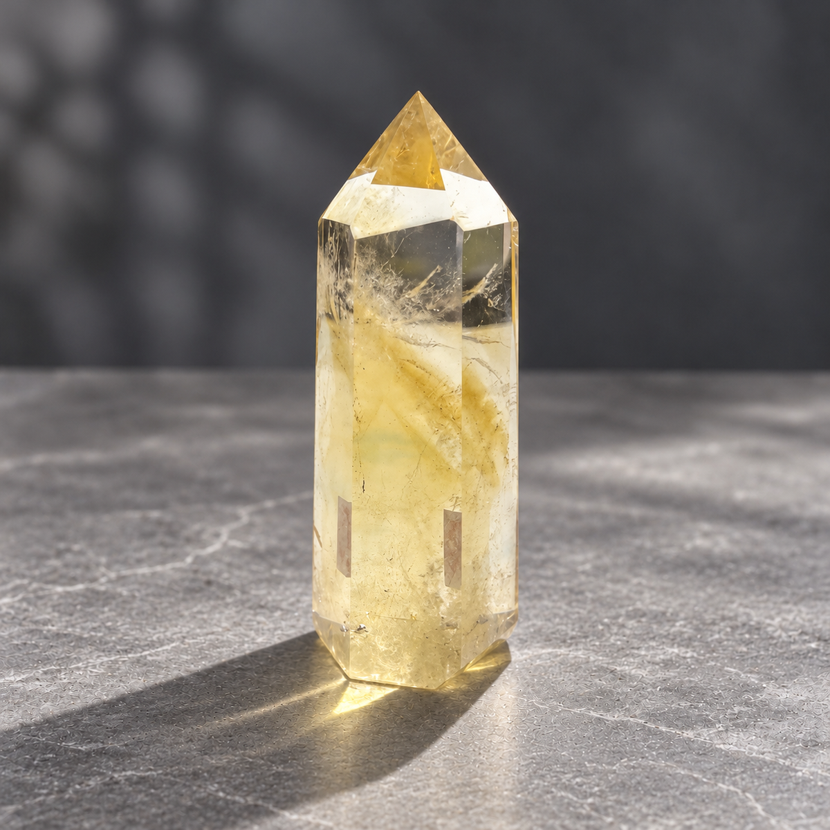 Brazilian citrine tower #3, rear view showing diagonal cloud-like golden textures
