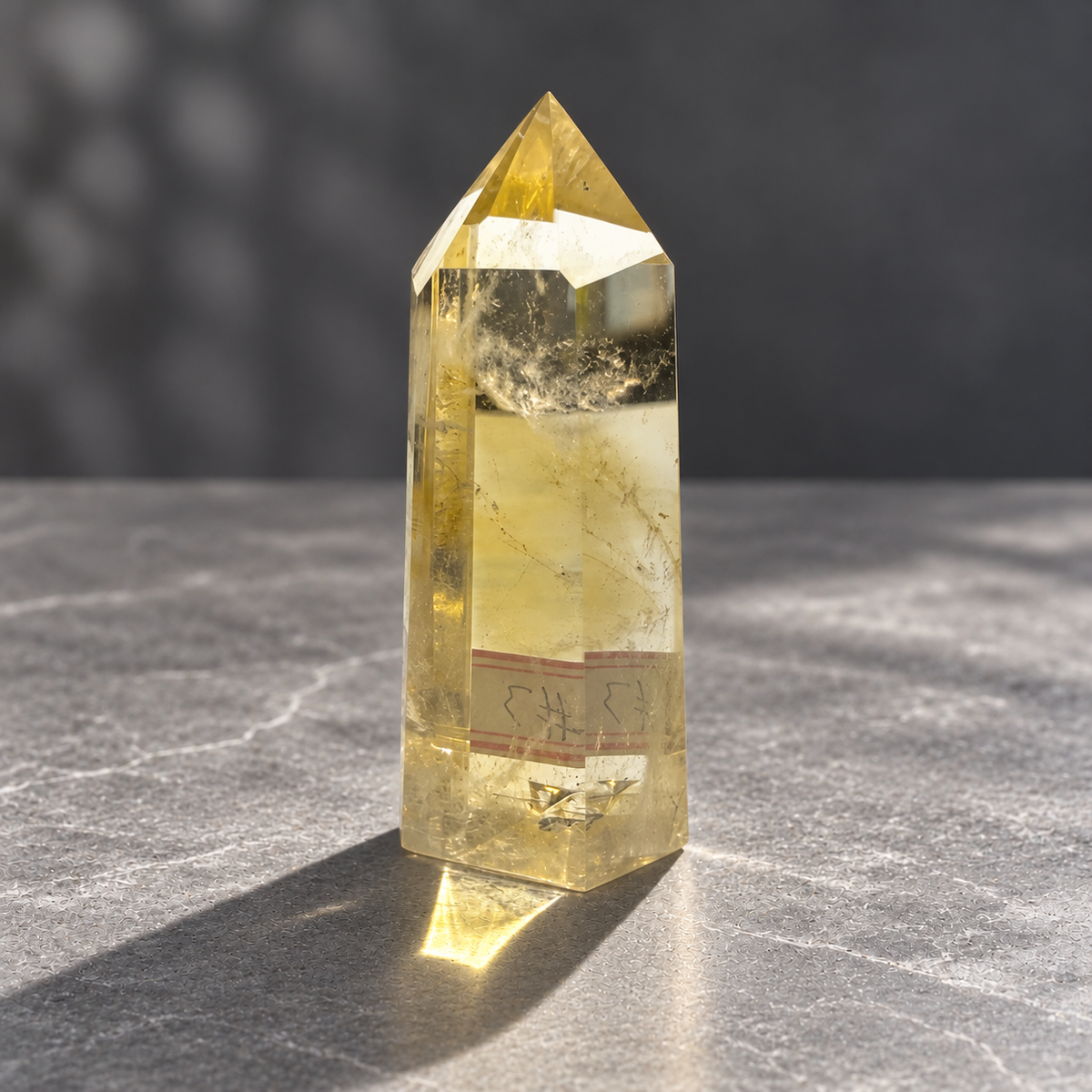 Brazilian citrine tower #3, reverse angle showing clear areas and the original sticker refracted through the stone