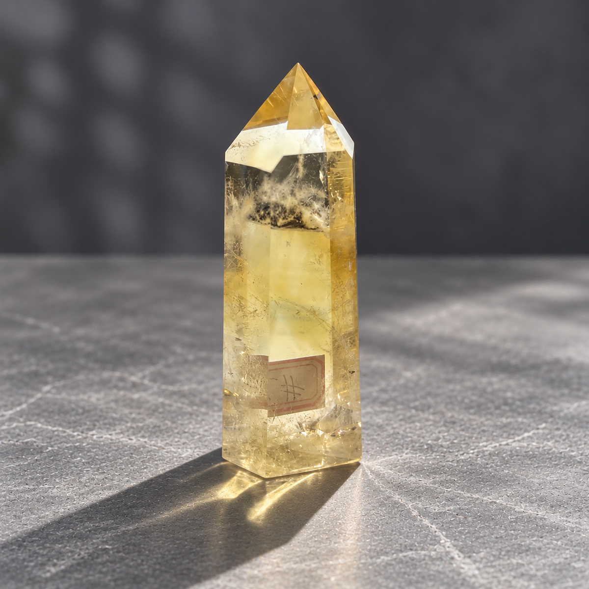 Brazilian citrine tower #3, back view showing natural internal fractures and the refracted identifying label