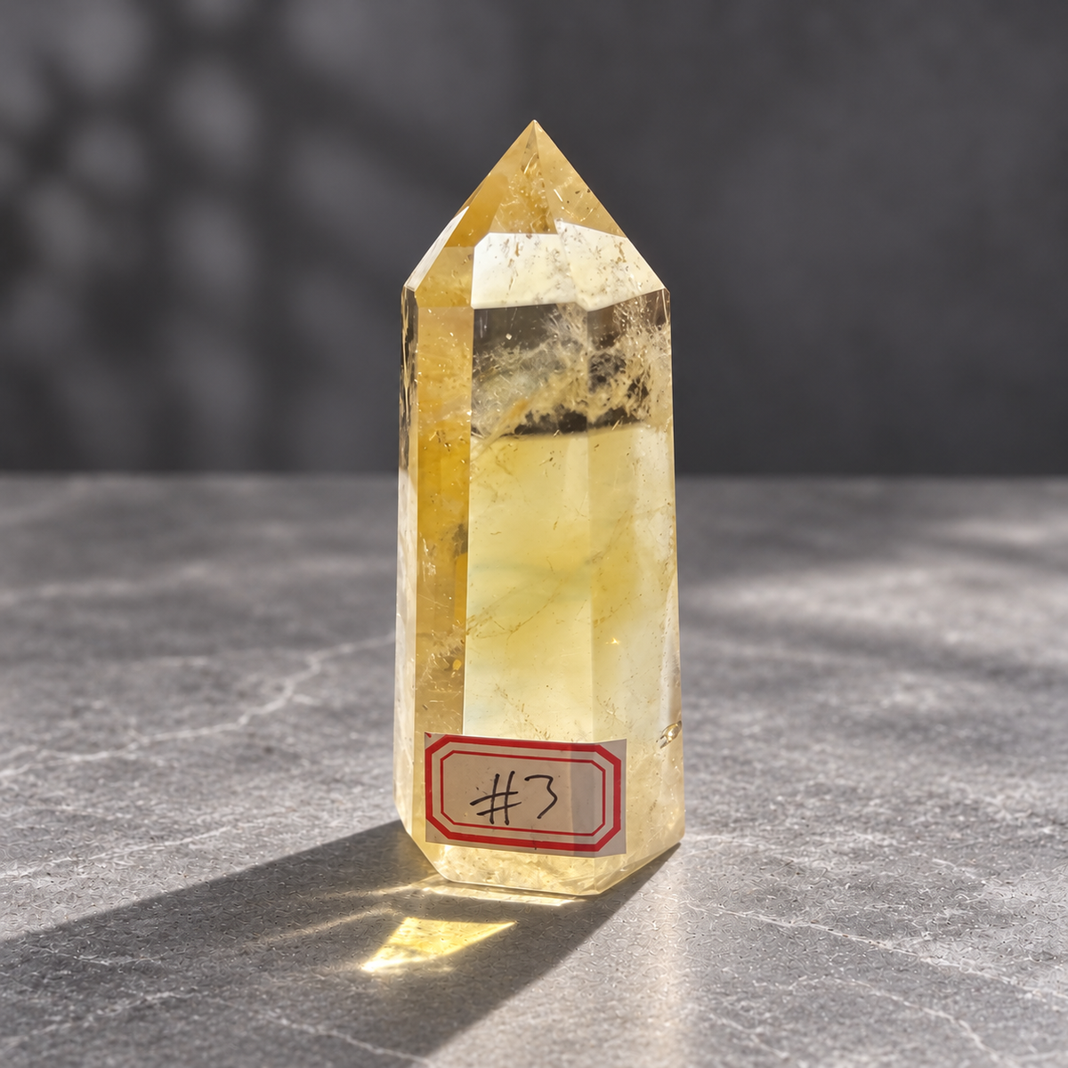 Brazilian citrine tower #3, alternate front view with its original handwritten number 3 label