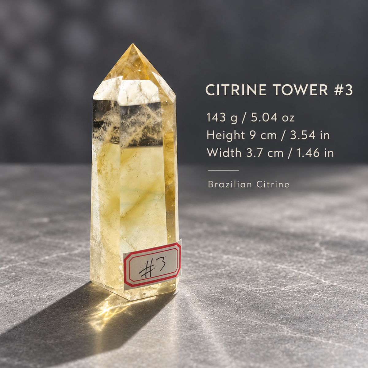Brazilian citrine tower #3, size guide: 143g / 5.04oz, height 9cm / 3.54in and width 3.7cm / 1.46in