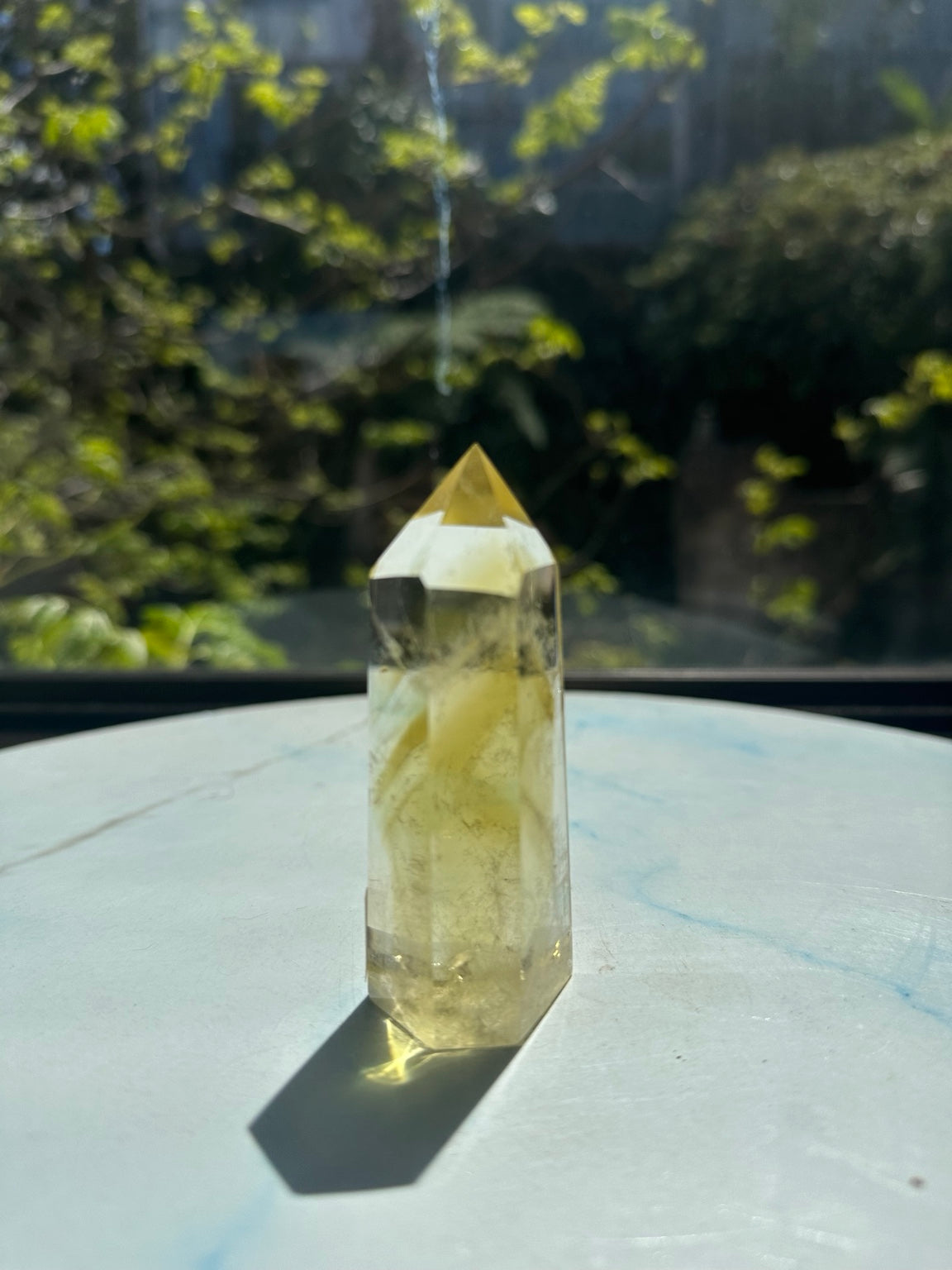 Brazilian citrine tower #3, original natural-sunlight side photograph showing the exact stone's colour and internal features