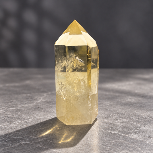 Brazilian citrine tower #4, 158g, champagne-yellow polished point with a clear upper window and feather-like internal veils