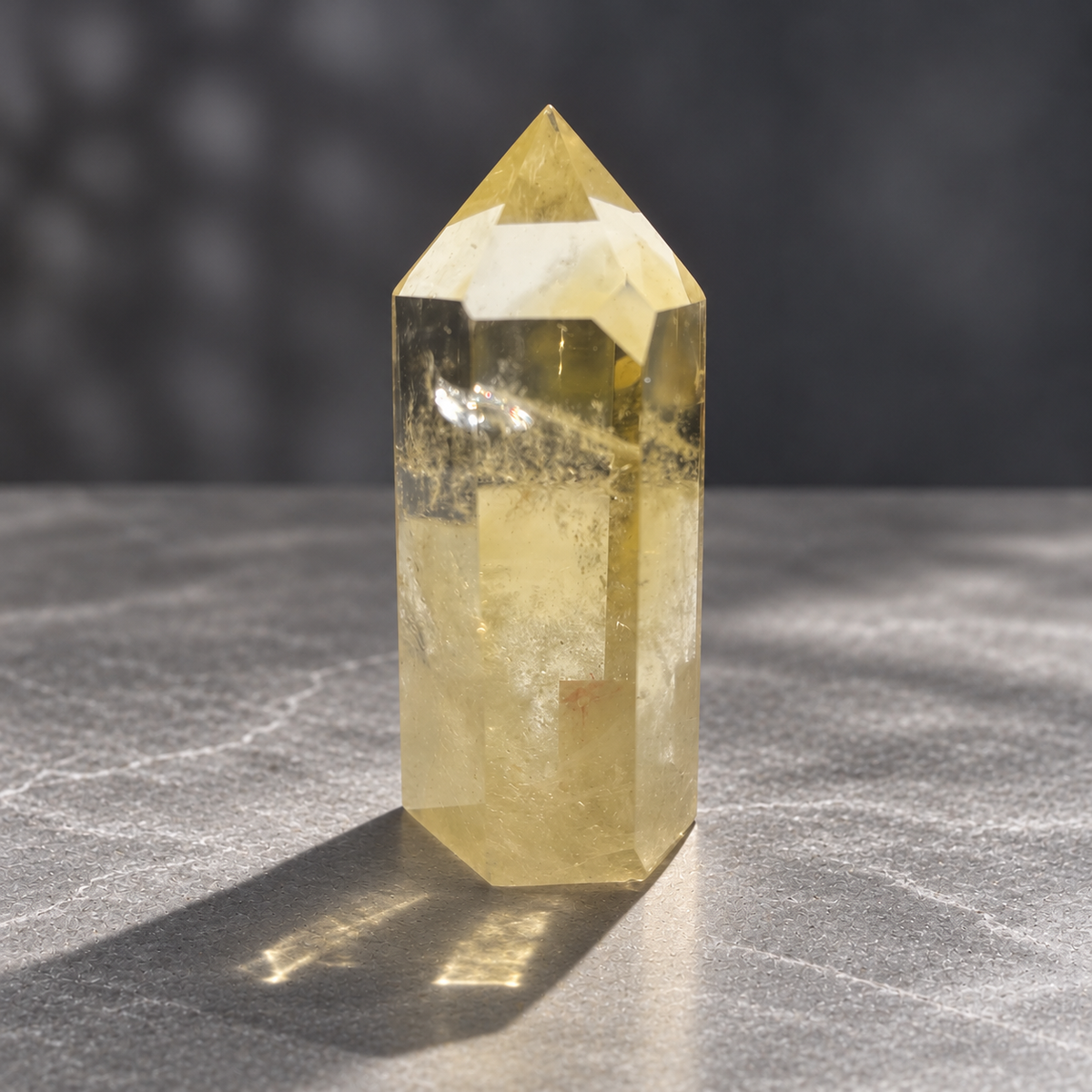 Back view of Brazilian citrine tower #4 showing clear windows and cloudy internal veils