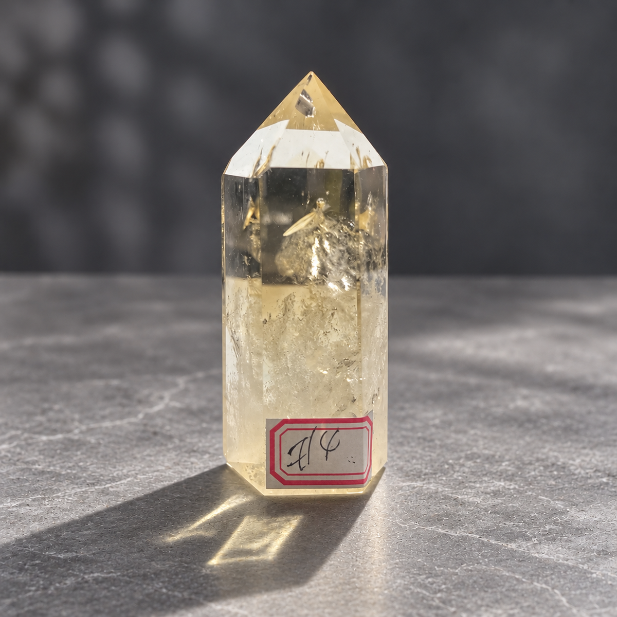 Alternate front view of exact 158g Brazilian citrine tower #4 with its identifying label