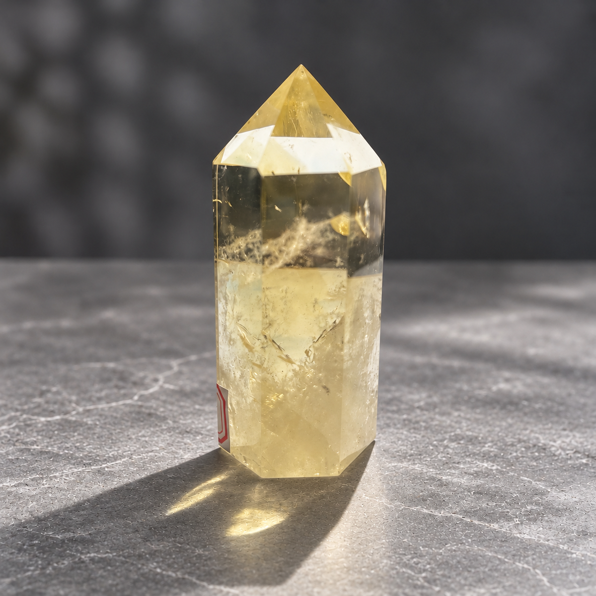 Opposite side view of Brazilian citrine tower #4 with clear upper windows and wispy lower veils