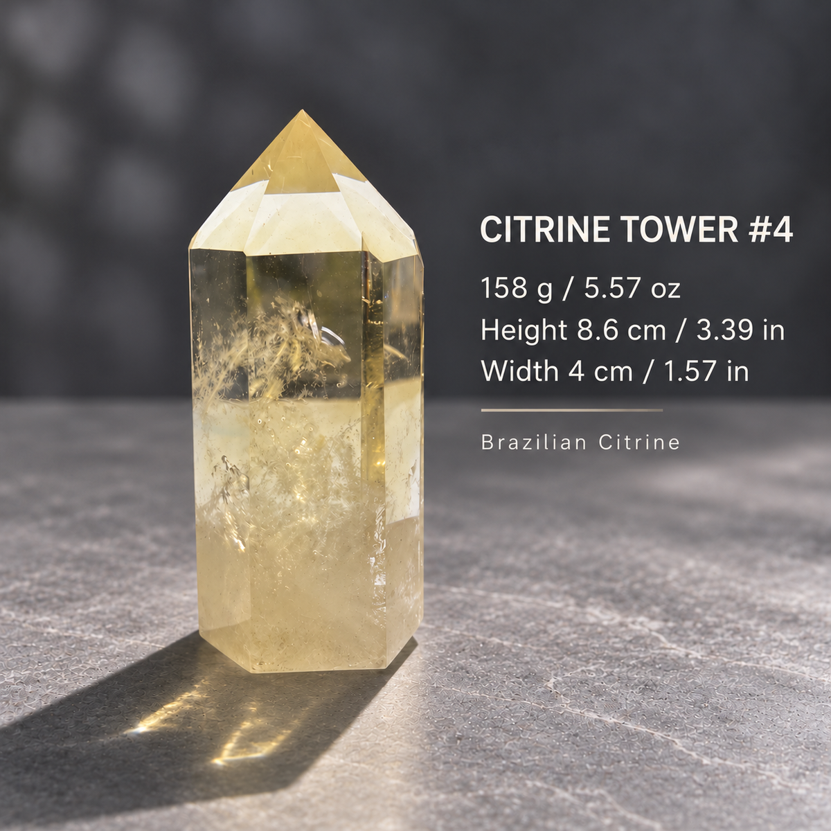 Brazilian citrine tower #4 size guide: 158g / 5.57oz, 8.6cm / 3.39in tall and 4cm / 1.57in wide