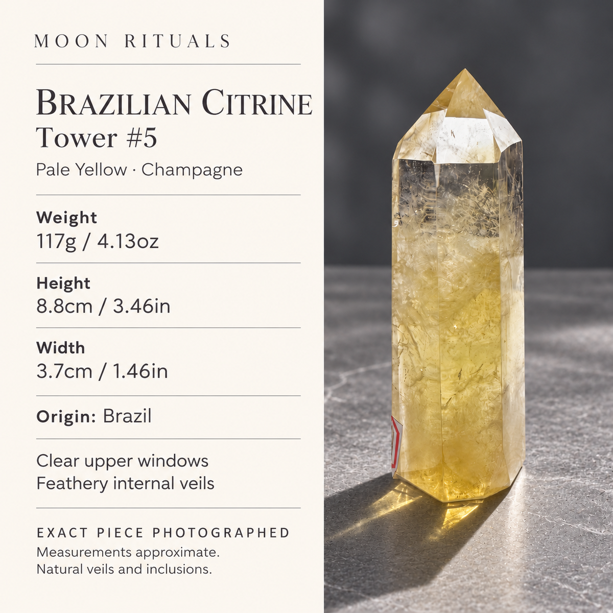 Brazilian pale yellow champagne citrine tower #5 size and weight: 117g / 4.13oz, height 8.8cm / 3.46in, width 3.7cm / 1.46in, origin Brazil, exact piece photographed
