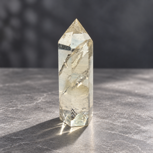 Brazilian pale yellow champagne citrine tower #6, 129g, side view with very pale champagne colour, transparent windows and diagonal natural fracture veils