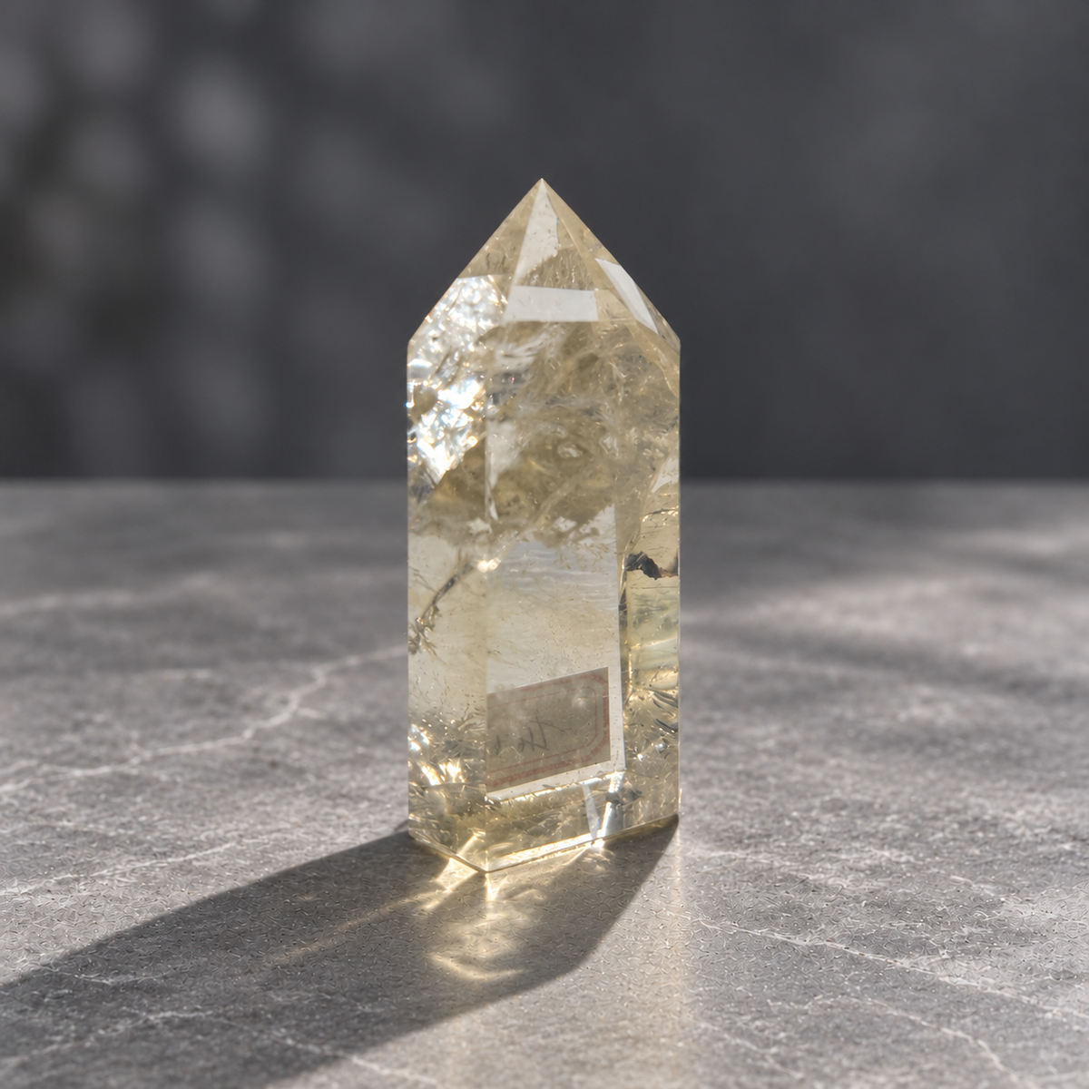 Brazilian pale yellow champagne citrine tower #6, 129g, reverse angle showing pale champagne citrine, featherlike veils and refracted original label