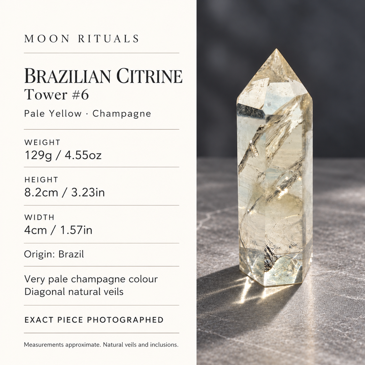 Brazilian pale yellow champagne citrine tower #6 size and weight: 129g / 4.55oz, height 8.2cm / 3.23in, width 4cm / 1.57in, origin Brazil, exact piece photographed