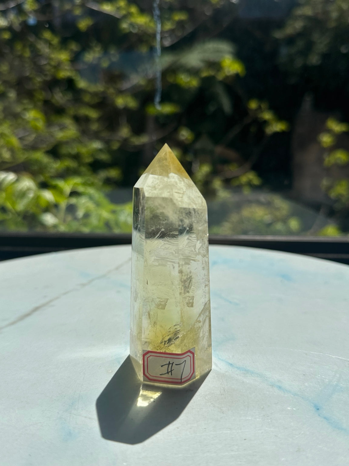 Original sunlight front photograph of Brazilian citrine tower #7 with identifying handwritten number 7 label