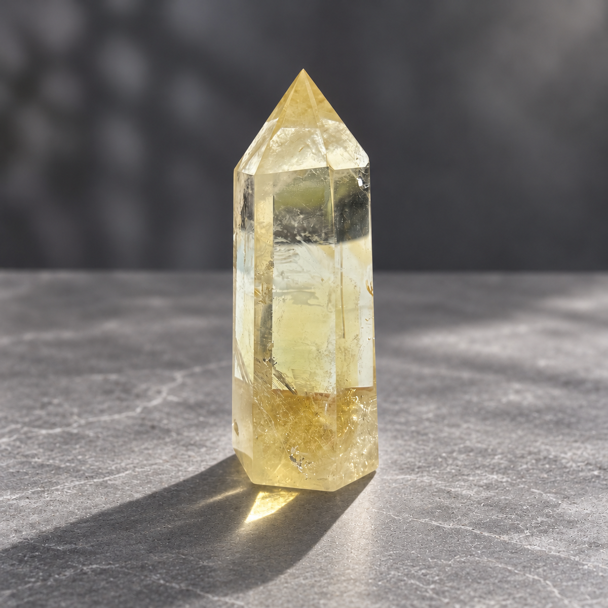 Clear upper window and warmer champagne base of exact Brazilian pale yellow citrine tower #7, 167g