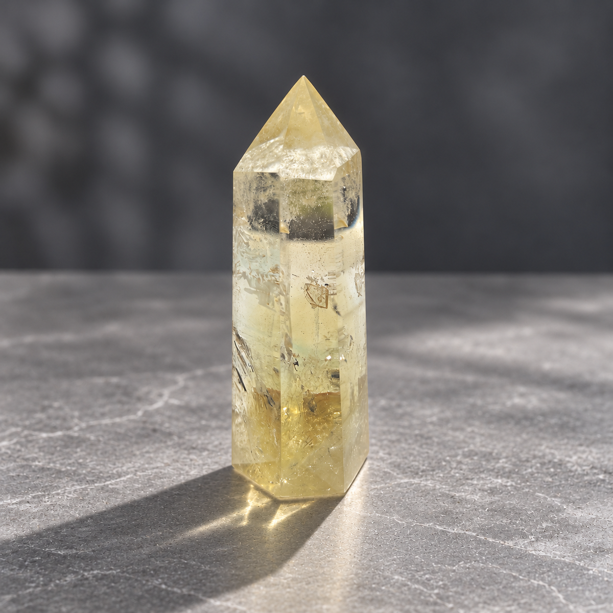Reverse angle of Brazilian champagne citrine tower #7 with natural inclusions and warmer lower section