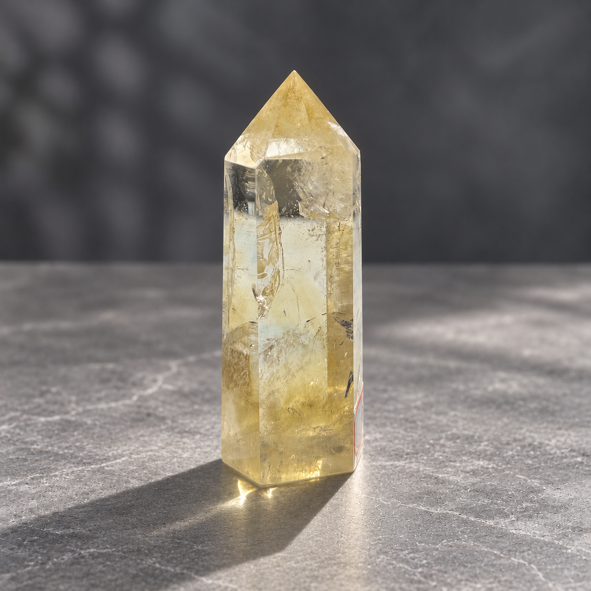 Opposite side of Brazilian citrine tower #7 showing transparent areas and small natural dark inclusions
