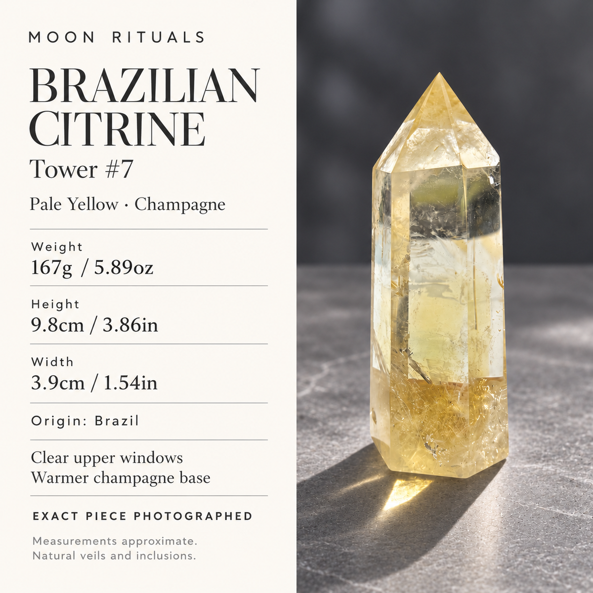 Brazilian pale yellow champagne citrine tower #7 size and weight: 167g / 5.89oz, height 9.8cm / 3.86in, width 3.9cm / 1.54in, origin Brazil, exact piece photographed