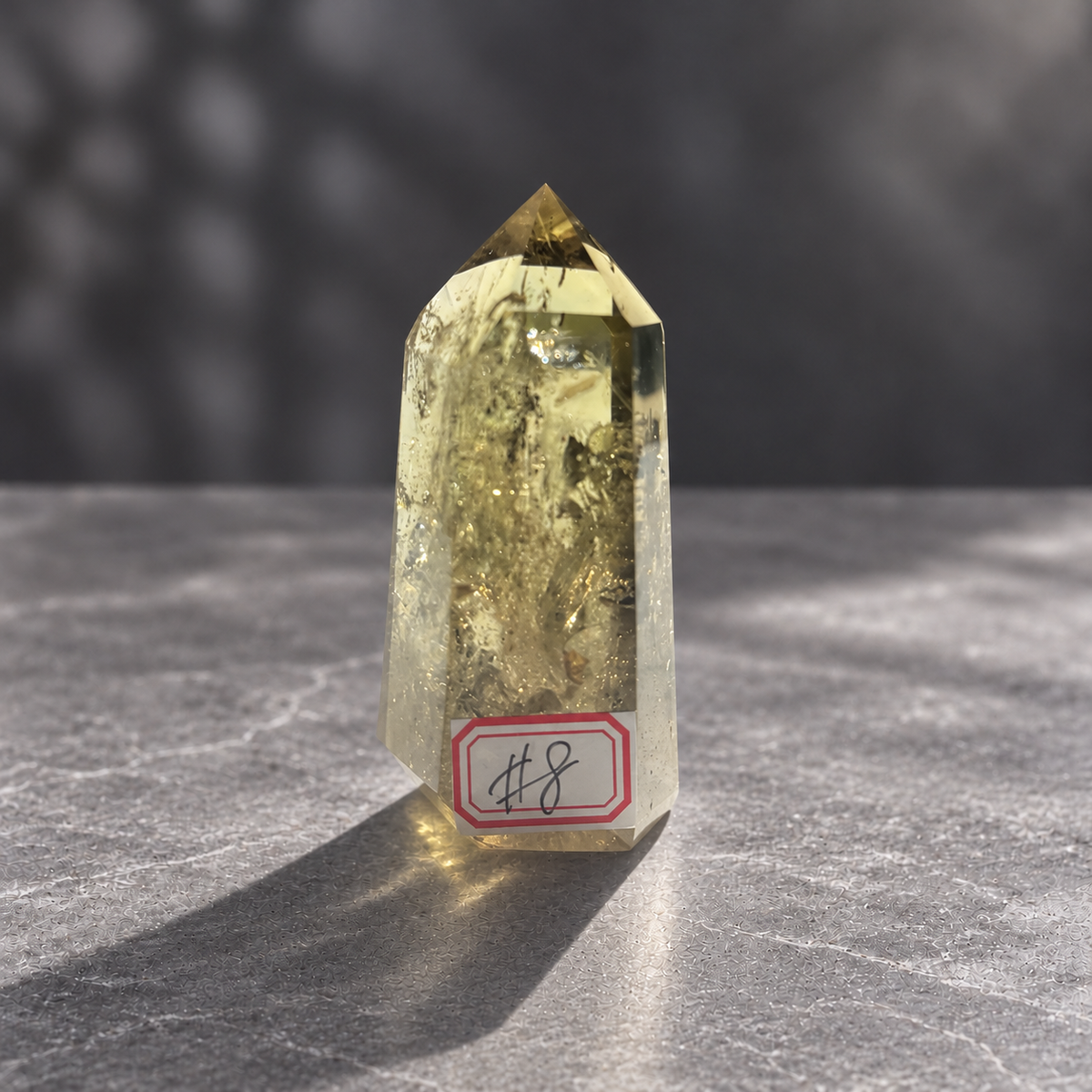 Brazilian pale yellow champagne citrine tower #8, 164g. Alternate front showing compact polished crystal point and number 8 label