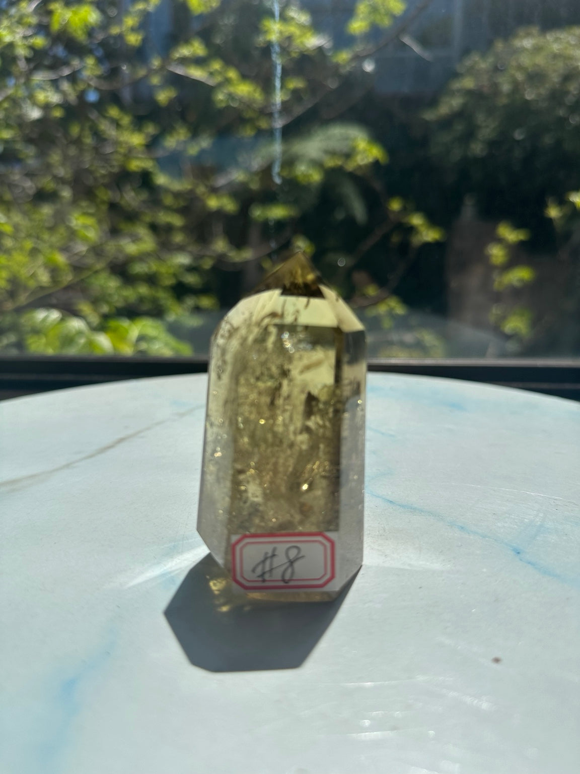 Brazilian pale yellow champagne citrine tower #8, 164g. Original sunlight front photograph identifying exact tower 8 with handwritten number label