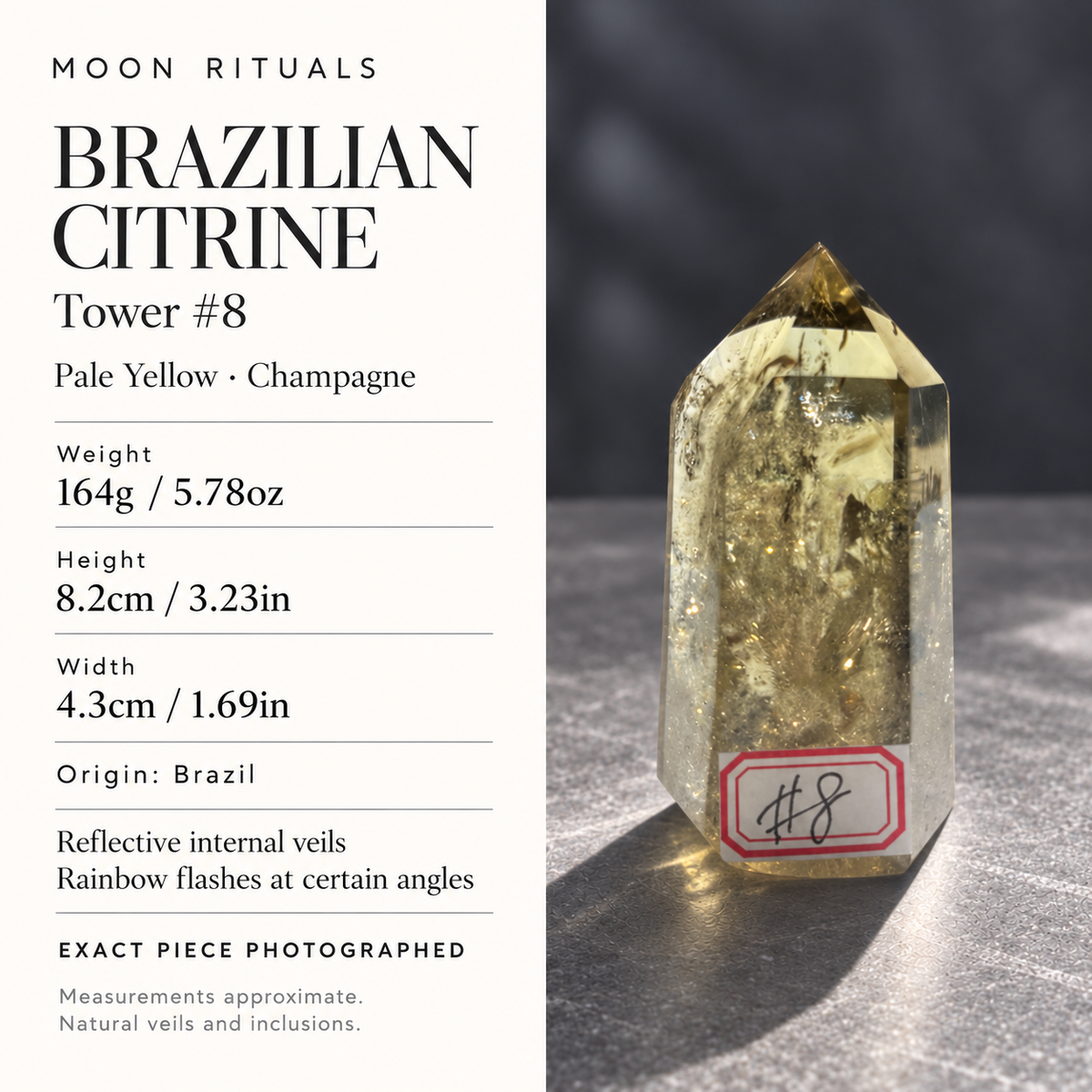 Brazilian pale yellow champagne citrine tower #8, 164g. Size and weight card: 164g / 5.78oz, height 8.2cm / 3.23in, width 4.3cm / 1.69in, origin Brazil