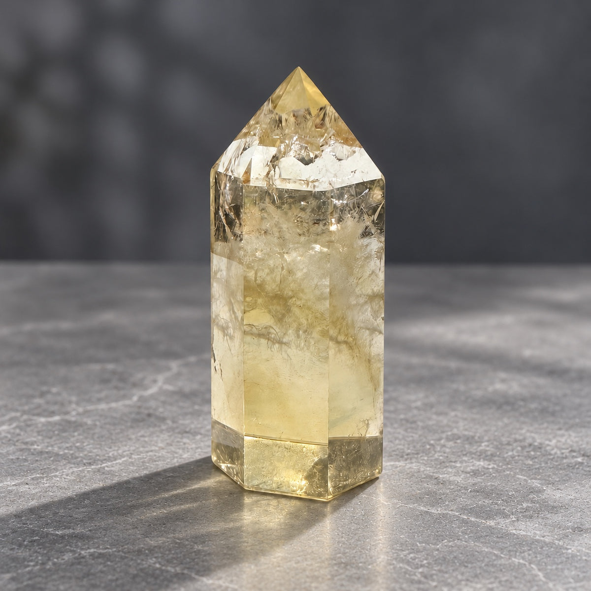 Brazilian citrine tower #1, 150g, pale champagne-gold quartz with clear windows and internal veils