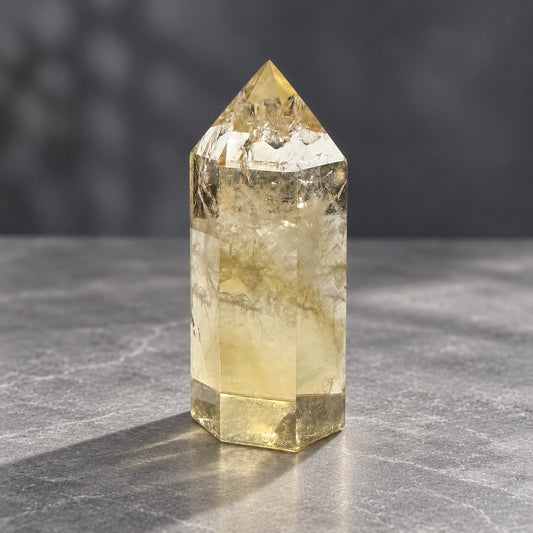 Brazilian citrine tower #1, 150g, pale champagne-gold quartz with clear windows and internal veils