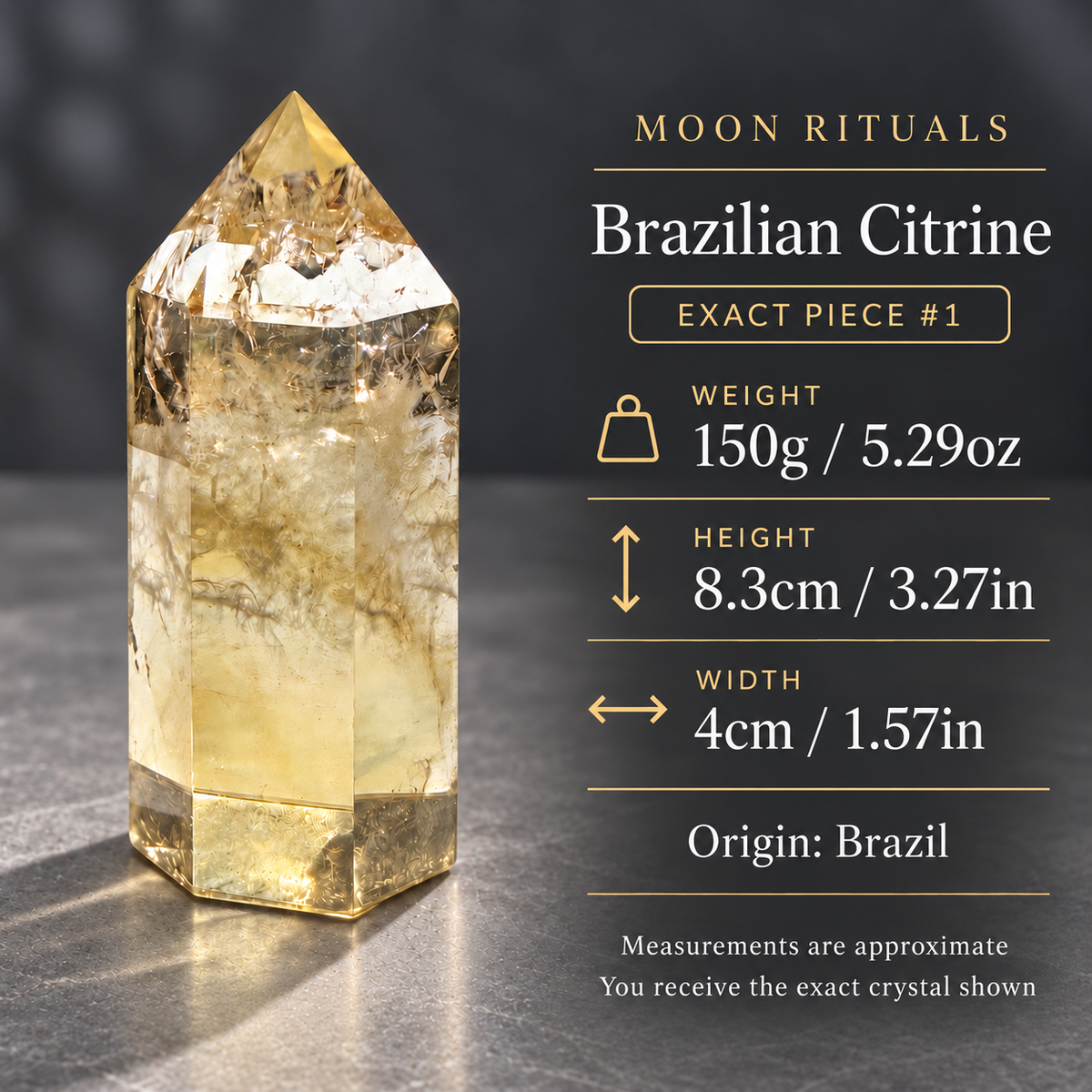 Size guide for Brazilian citrine tower #1: 150g / 5.29oz, 8.3cm / 3.27in tall, 4cm / 1.57in wide