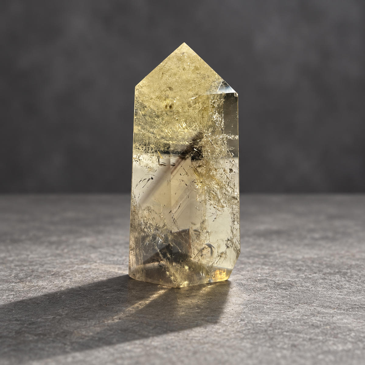 Brazilian citrine tower #10, pale yellow champagne polished quartz point, 207g. Broad face with fine sparkling upper veils and darker internal planes. Exact piece photographed.