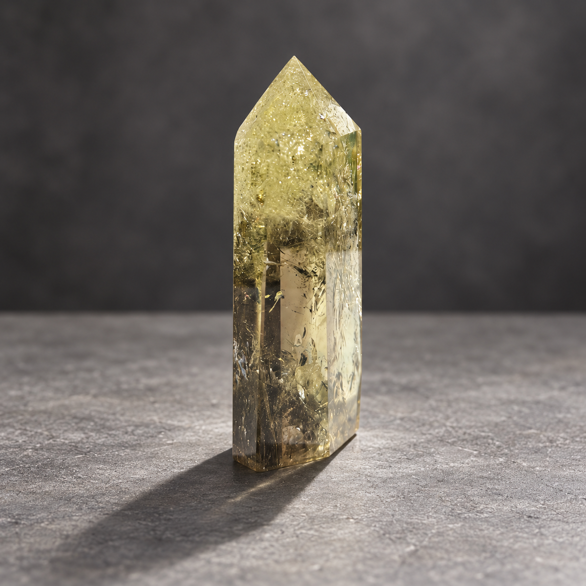 Brazilian citrine tower #10, pale yellow champagne polished quartz point, 207g. Angle 5 showing natural fractures, veils and varied clarity. Exact piece photographed.